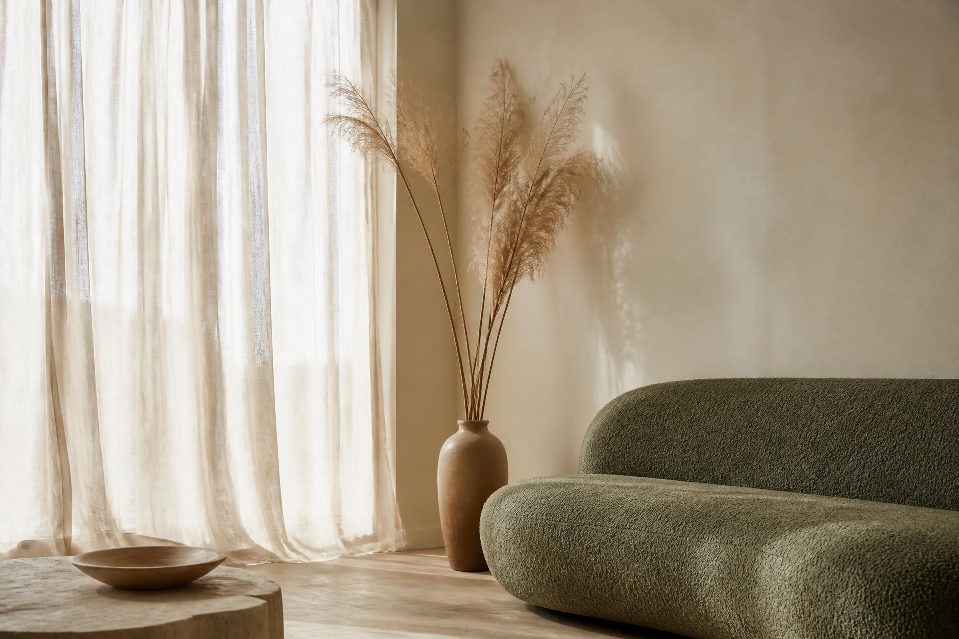 Sunlit, calm interior with soft linen curtains and a sage green sofa